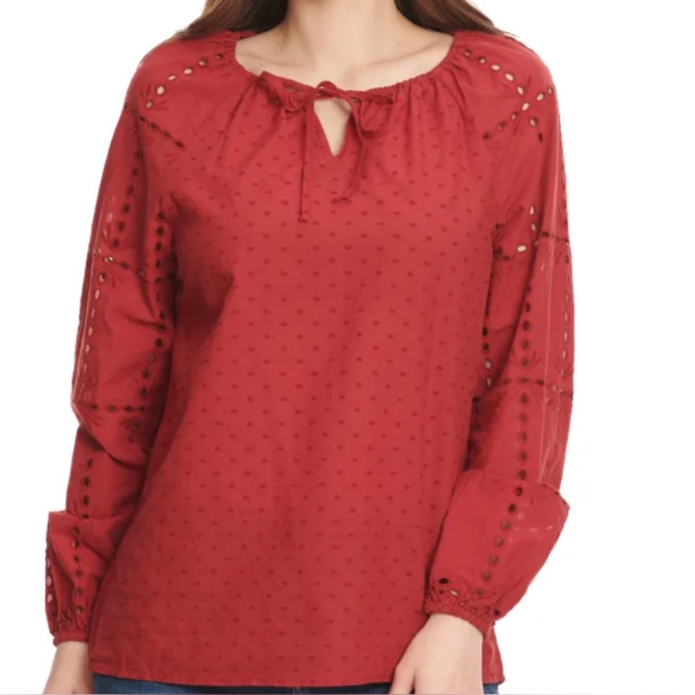 Rockin' C Women's Rich Red with Swiss Dot Fabric Long Sleeve Top Size Small NWT